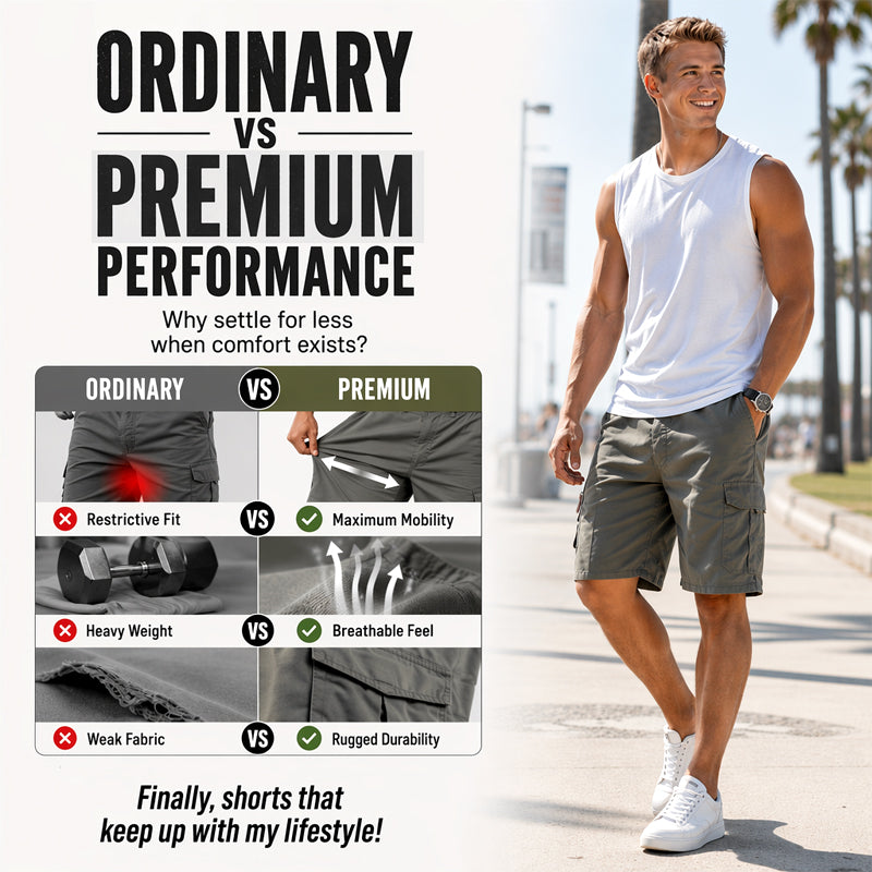 Men's Cargo Shorts – Elastic Waist, Multi-Pocket, Durable