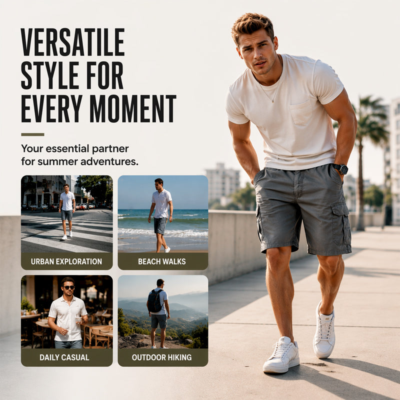 Men's Cargo Shorts – Elastic Waist, Multi-Pocket, Durable