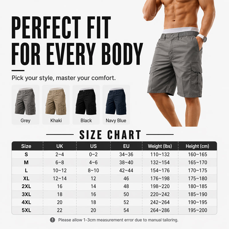 Men's Cargo Shorts – Elastic Waist, Multi-Pocket, Durable